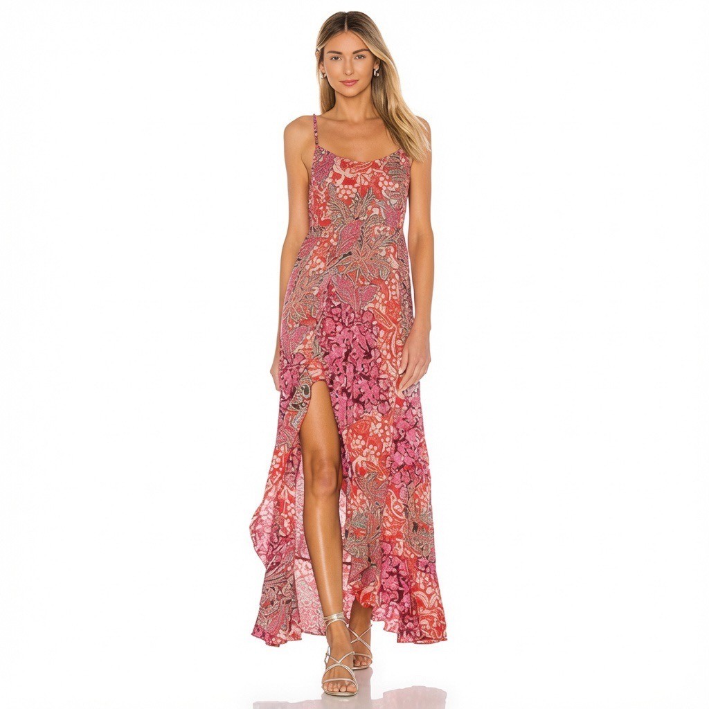Free People Forever Yours Smocked Slip Dress Red Paisley High Low Maxi Medium