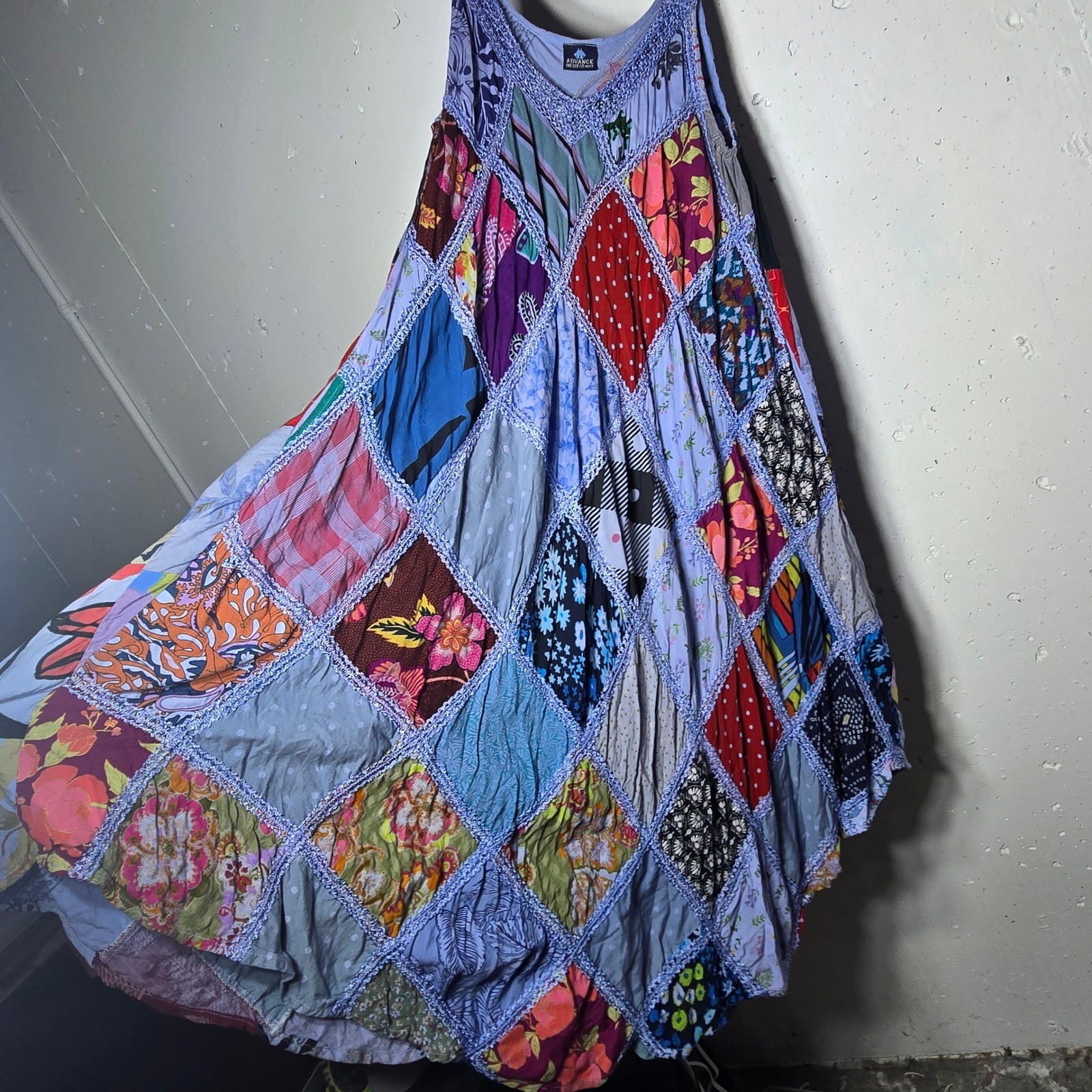 Advance Blue Patchwork Midi Dress One Size Boho Hippie Festival Cottage Gypsy