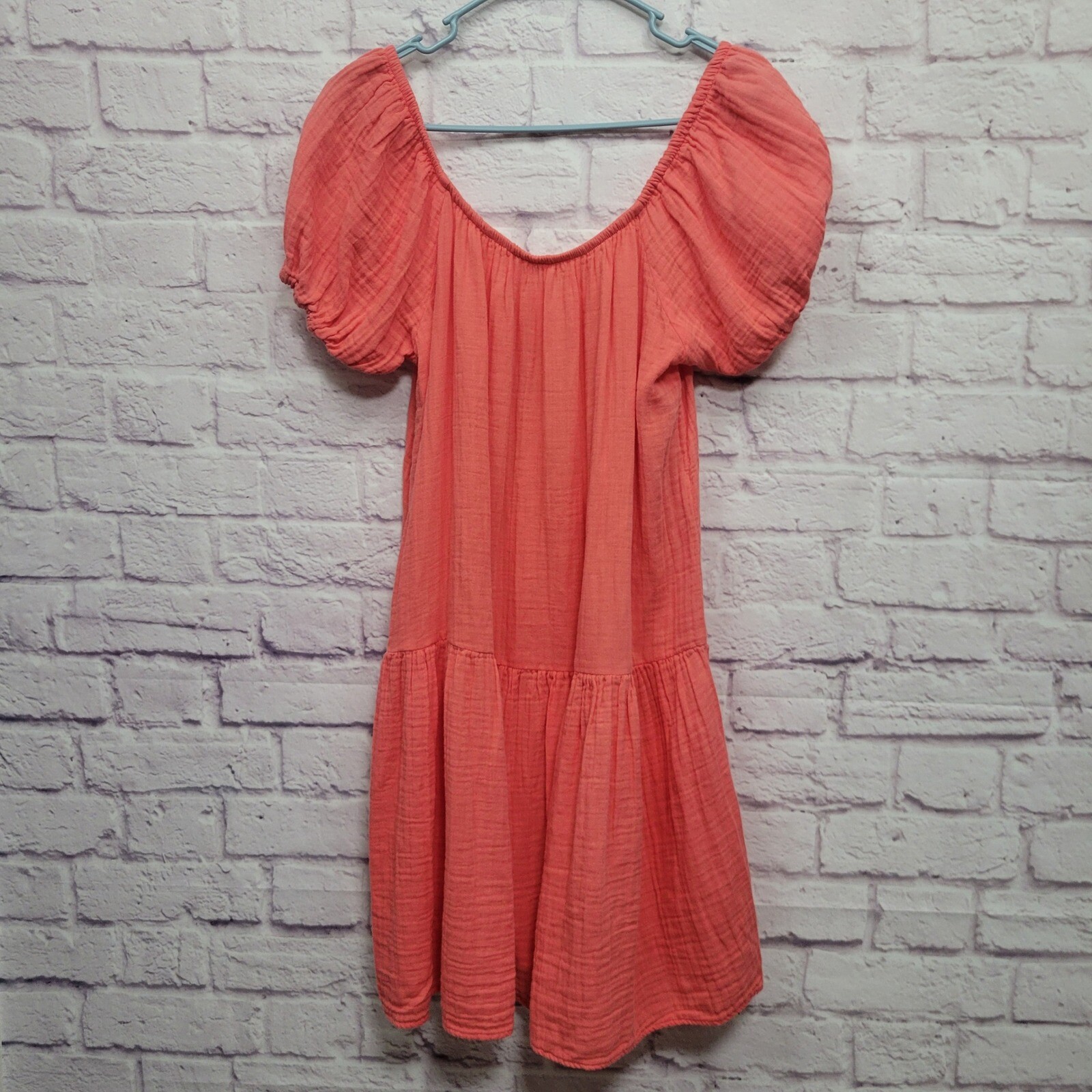 NEW Stark X Gauzy Tiered Dress Size M Coral Orange Puff Sleeves Cottage Boho
