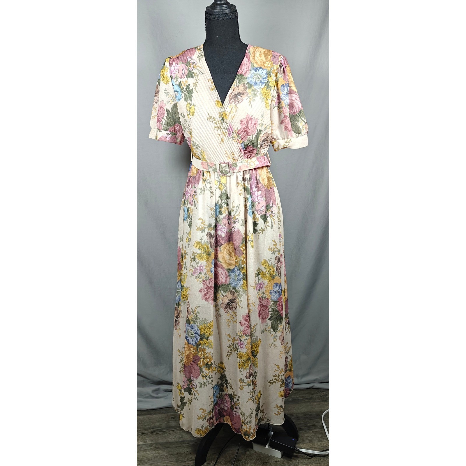 Charlotte Italian Floral Pleated Maxi Dress Pink Yellow Blue Small Made in Italy