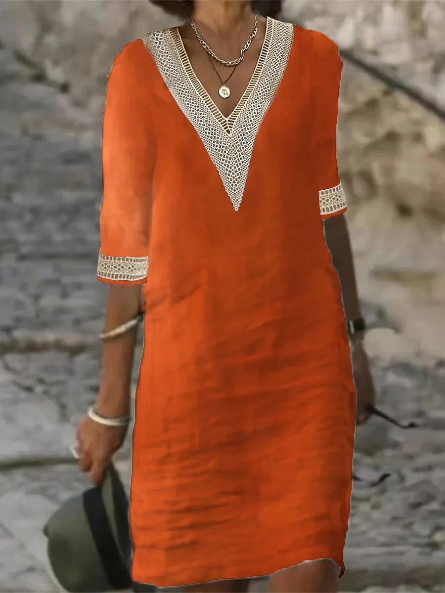 Women Sundress V Neck Cotton Linen Midi Dress Ladies Summer Casual Short Sleeve