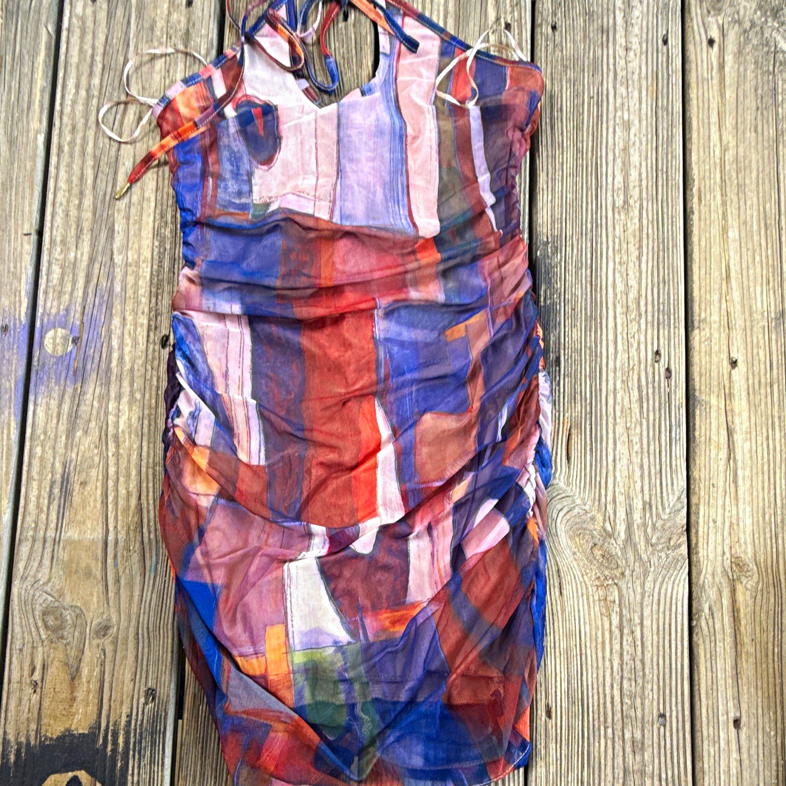 Women’s Multicolor Abstract Ruched Stretch Strappy Bodycon Mini Dress Size S