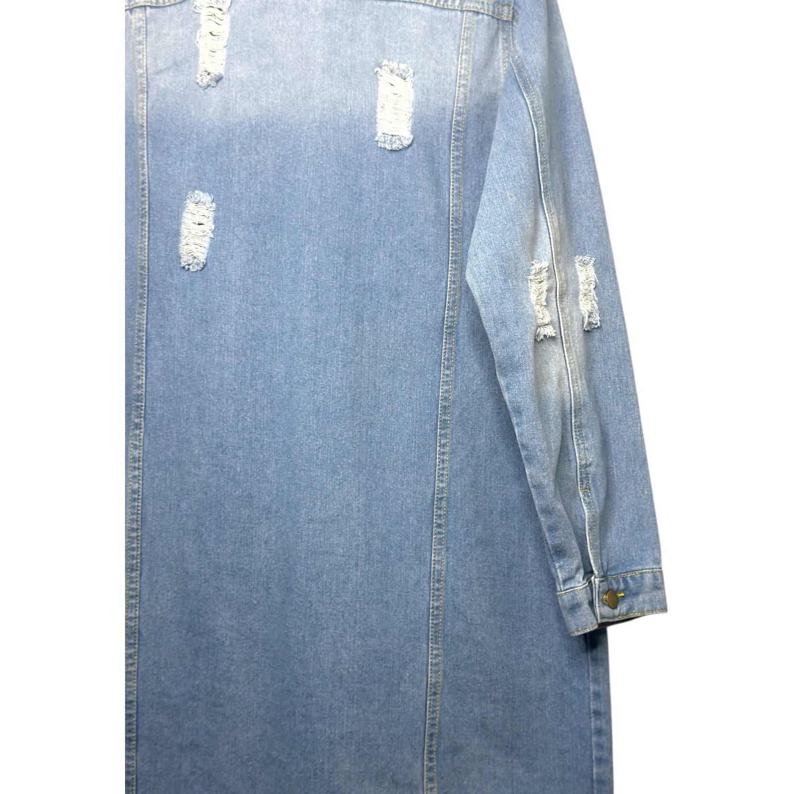 Women’s Long Sleeve Button Down Medium Wash Maxi Dress Size XL Distressed