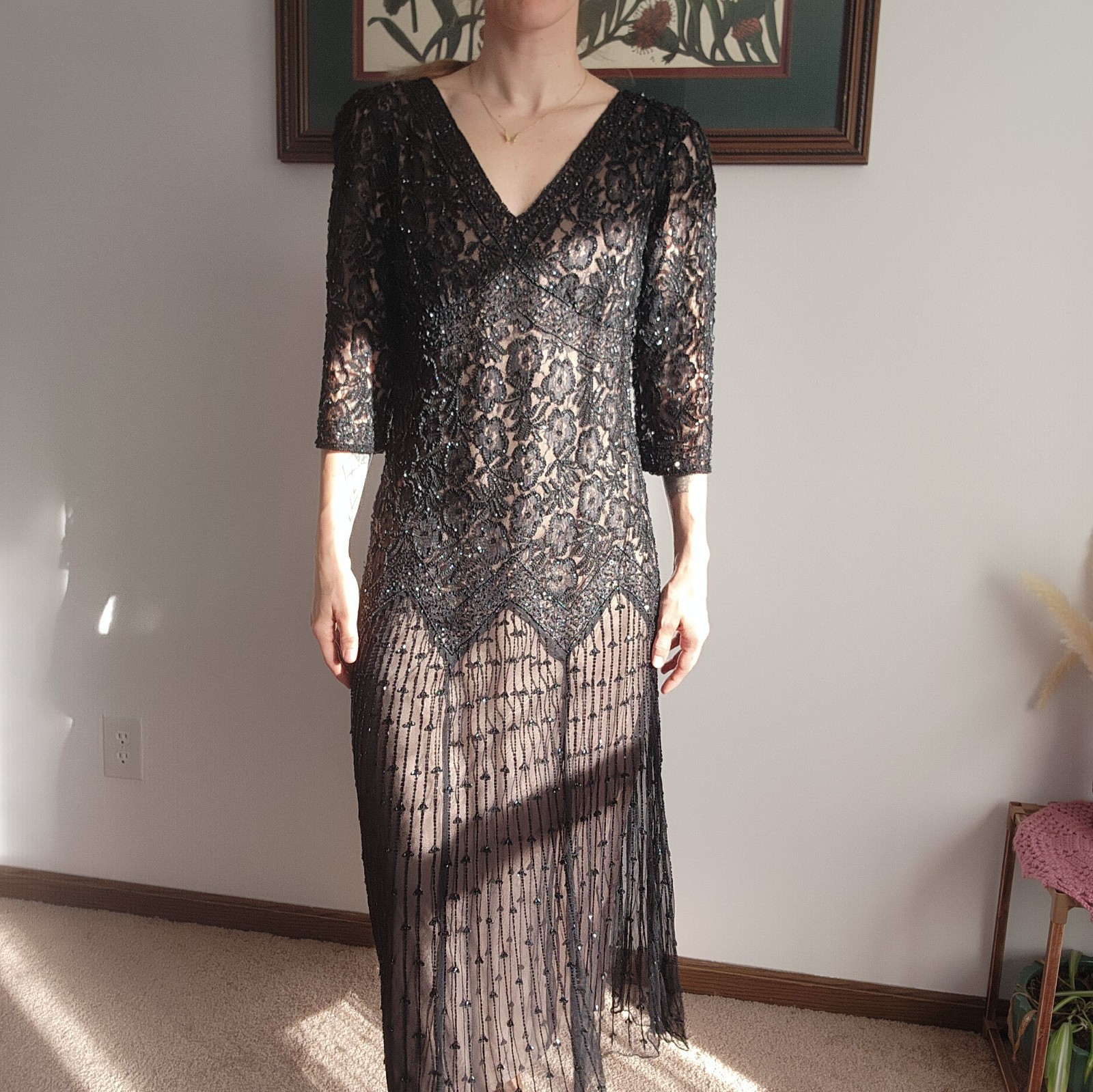 Pisarro Nights Black Floral Beaded Drop Waist Midi Dress Size 12