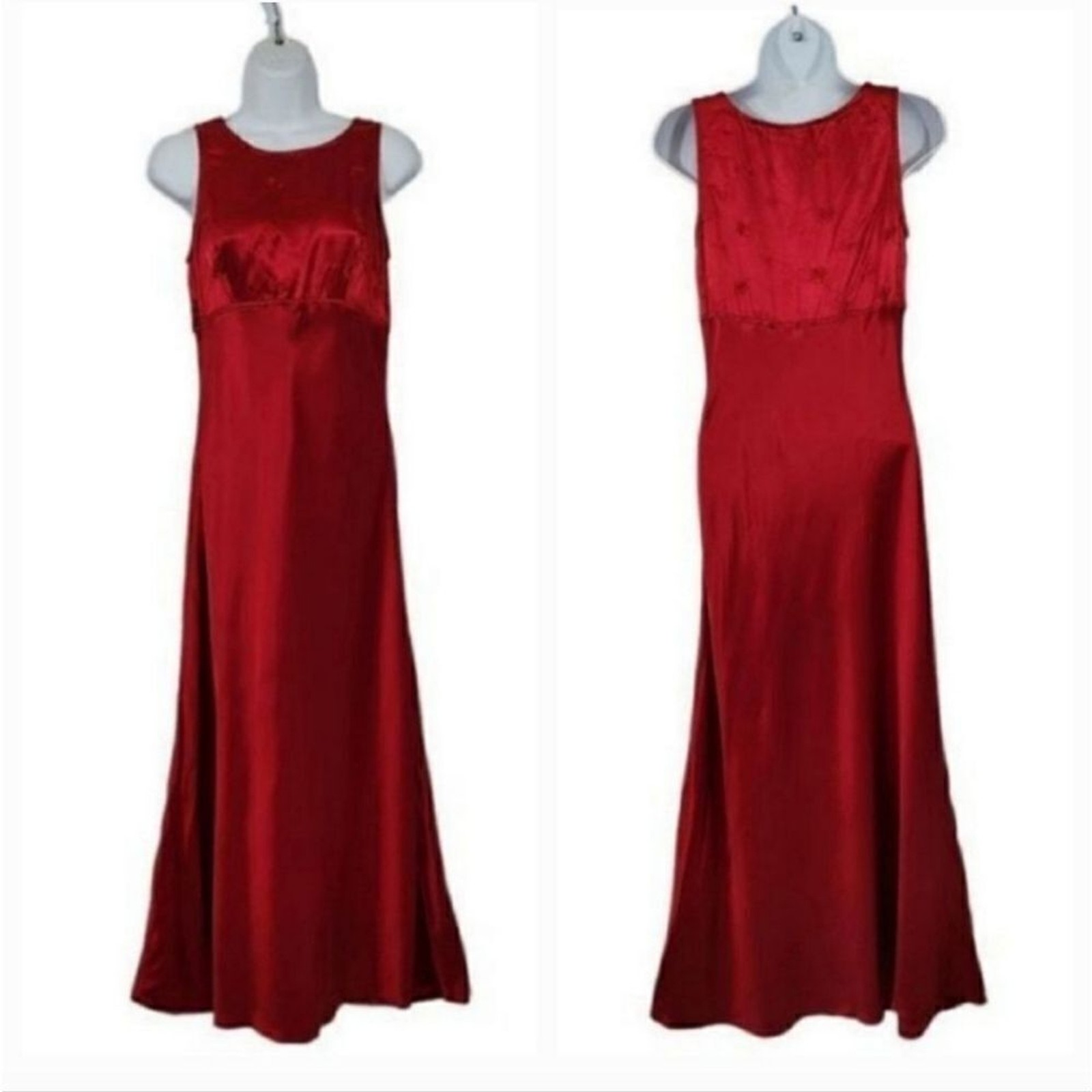 Vintage 90’s Maurices Red Embroidered Satin Slip Midi Dress Modern Size Small
