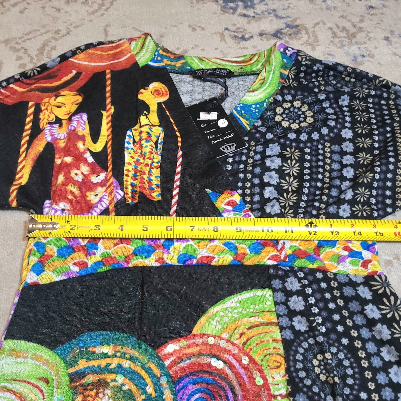 Forla Paris Graphic Print Dress Size Large Retro 100% Cotton Artsy Art To Wear