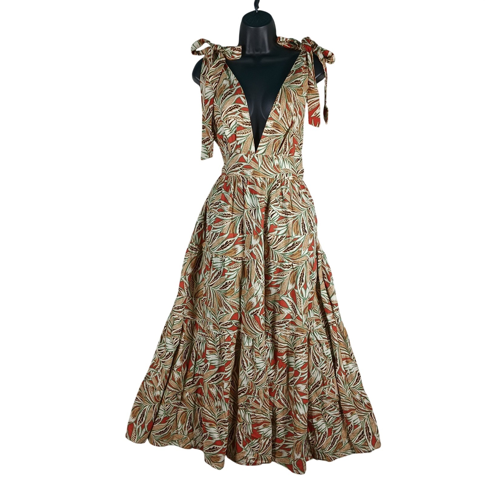 House Of Harlow 1960 Dress Women Medium Brown Tropical Leaf TIKI Linen Maxi NWT