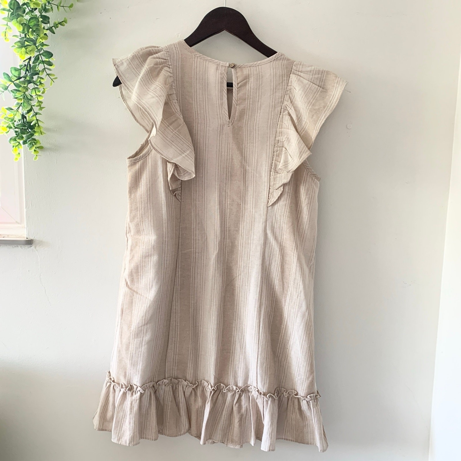 Altar’d State Cream Tan Striped Mini Dress Ruffled Sleeves