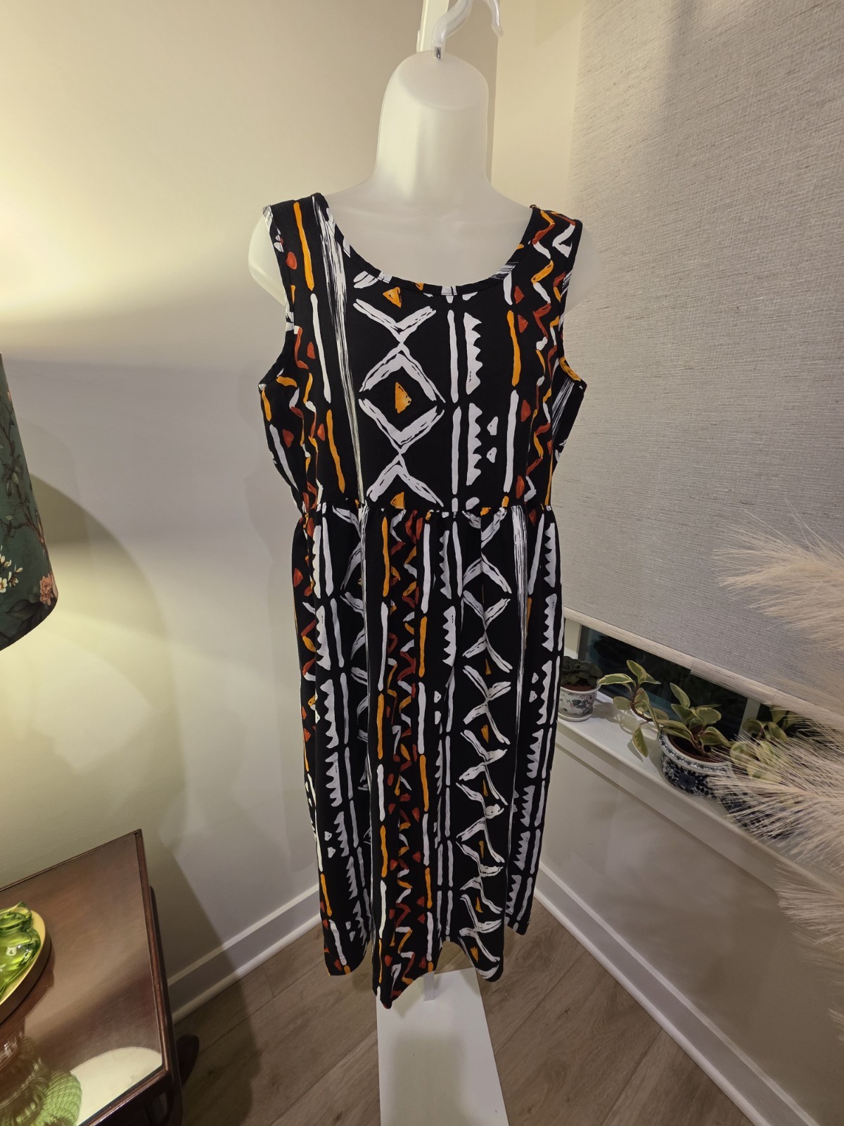 Midi Sun Dress Black Orange White Geometric Print Sleeveless M VTG