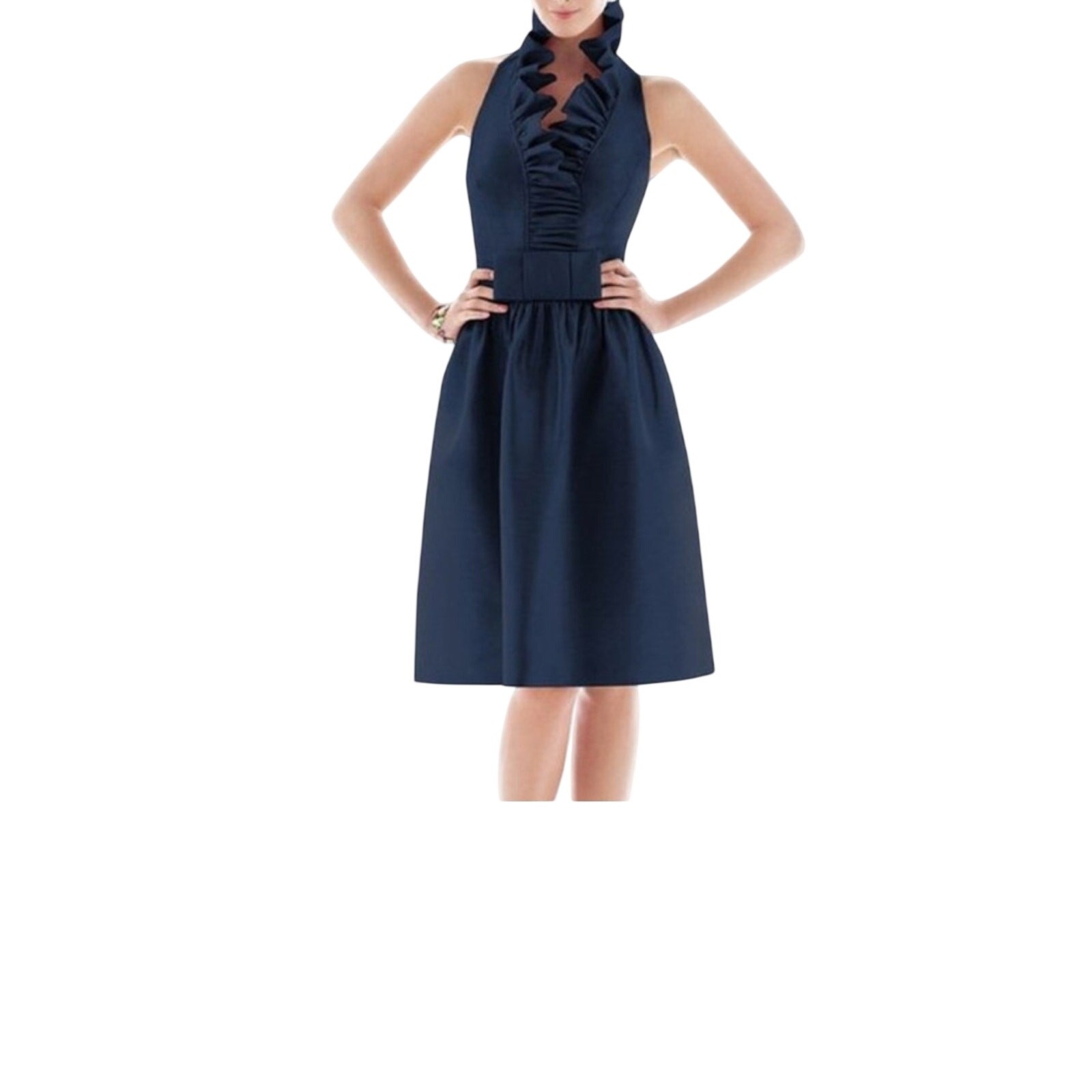 ALFRED SUNG Navy Ruffle Halter Tea-Length Dress Size 20
