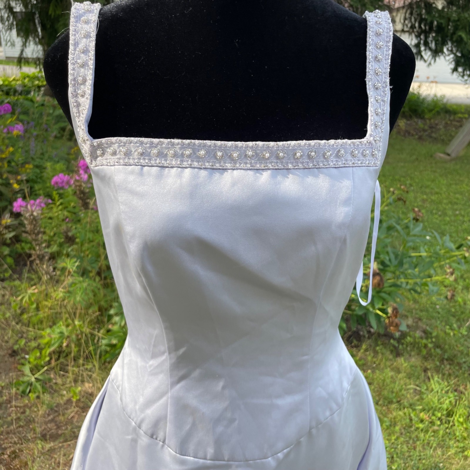 Vtg 90s B2 Dress Regency Beaded Lilac Purple Long Formal Basque Waist Satin 8