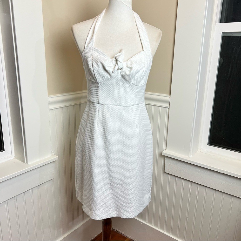 Trina Turk White Halter Mini Dress Textured Piqué Knot Front Size 4