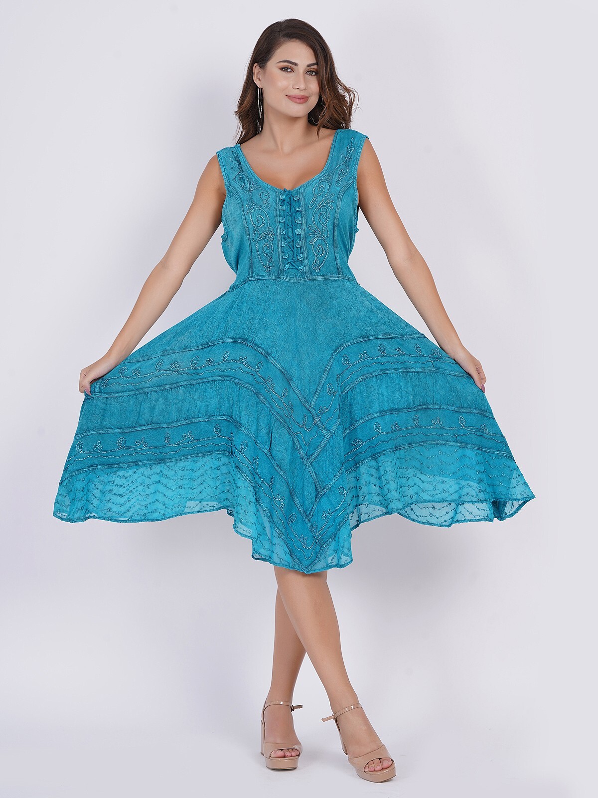 Women’s Zendaya Stonewashed Embroidered Floral Vine Sleeveless U-Neck Dress Mix