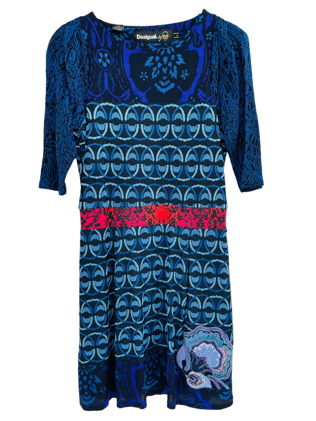 Desigual Women’s Dress Blue Geometric Embriodered Floral Boat Neck Lined Size L
