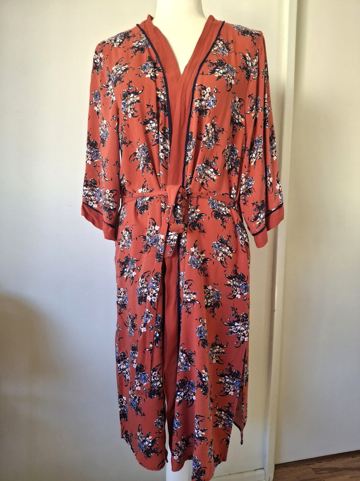 Time and Tru Floral Kimono Duster Cardigan Rayon Tie Waist L/XL Boho