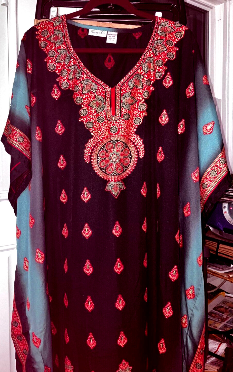 NEW NWT MUMU 2X 3X SANTE KAFTAN CAFTAN HOUSE DRESS BLACK RED &TEAL #HJ