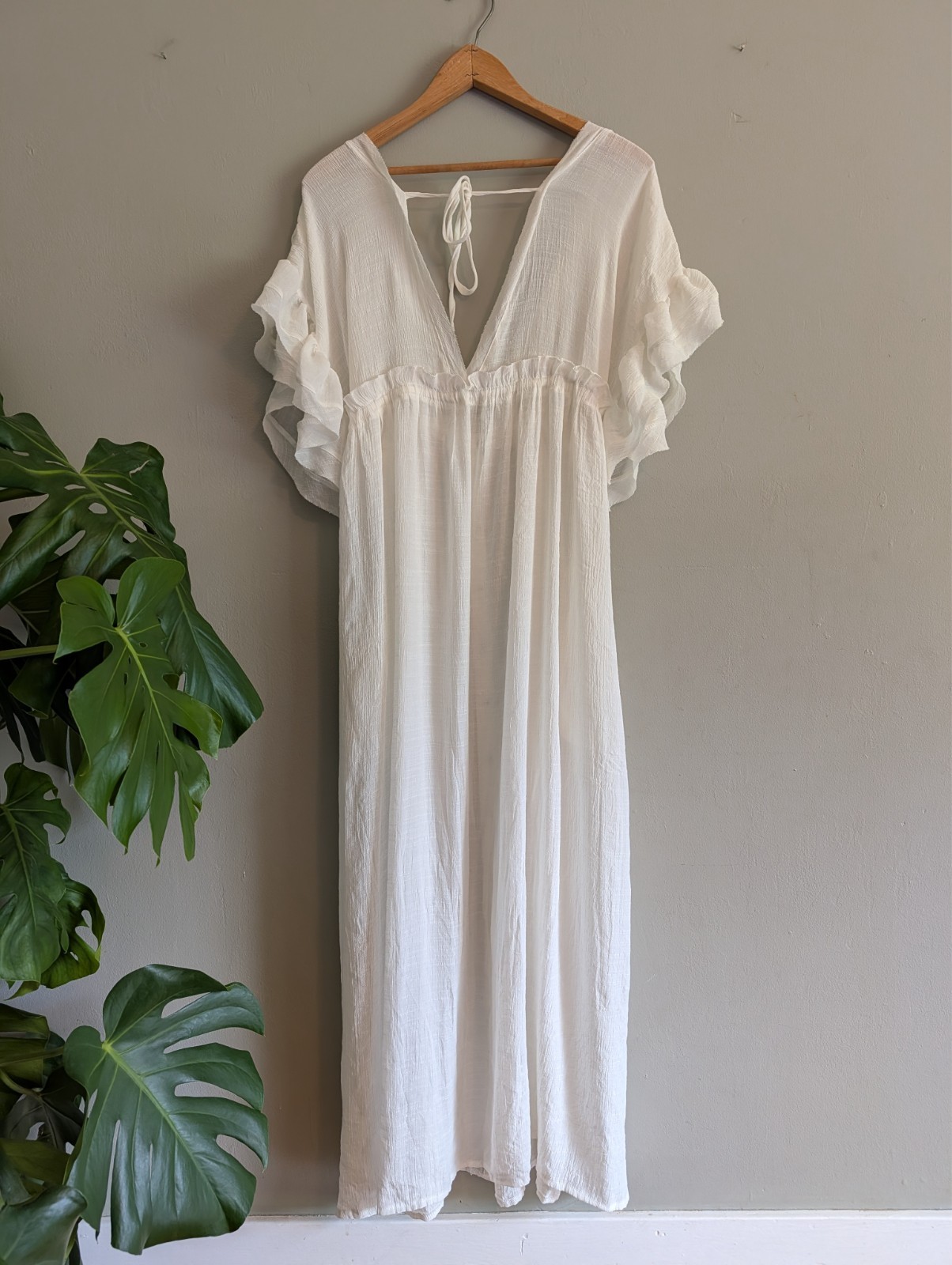 White Gauze Maxi Dress Cover Up Flowy Button Front Tie Back Boho Beach Feminine