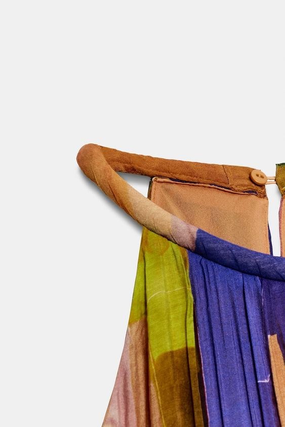 ZARA ARTY LONG MULTICOLOR ASYMMETRIC WRINKLED PRINTED HALTER DRESS sz S 3897/119