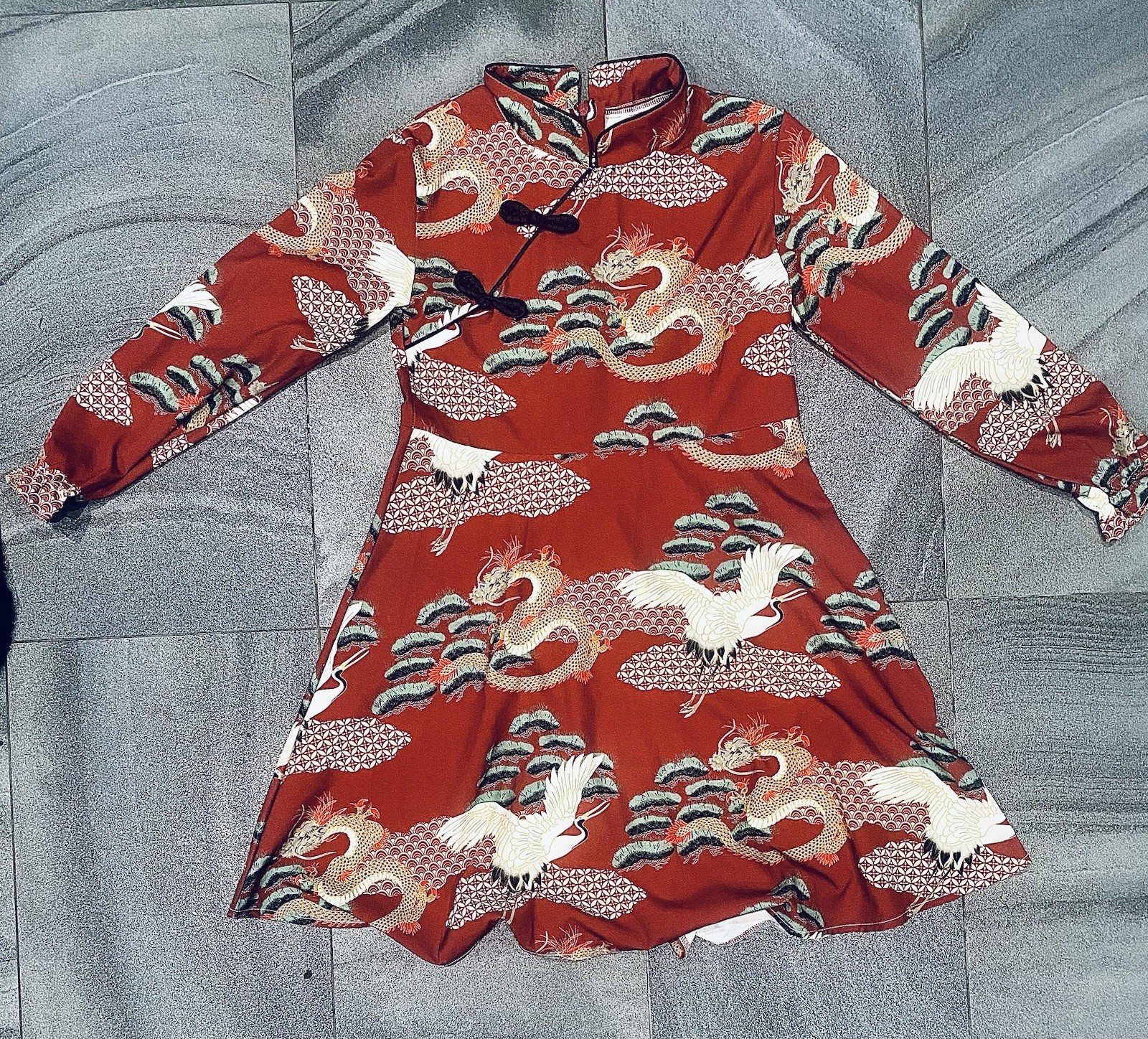 Women’s Crane Dragon Print Chinese Cheongsam Style Dress A Line Mandarin Collar