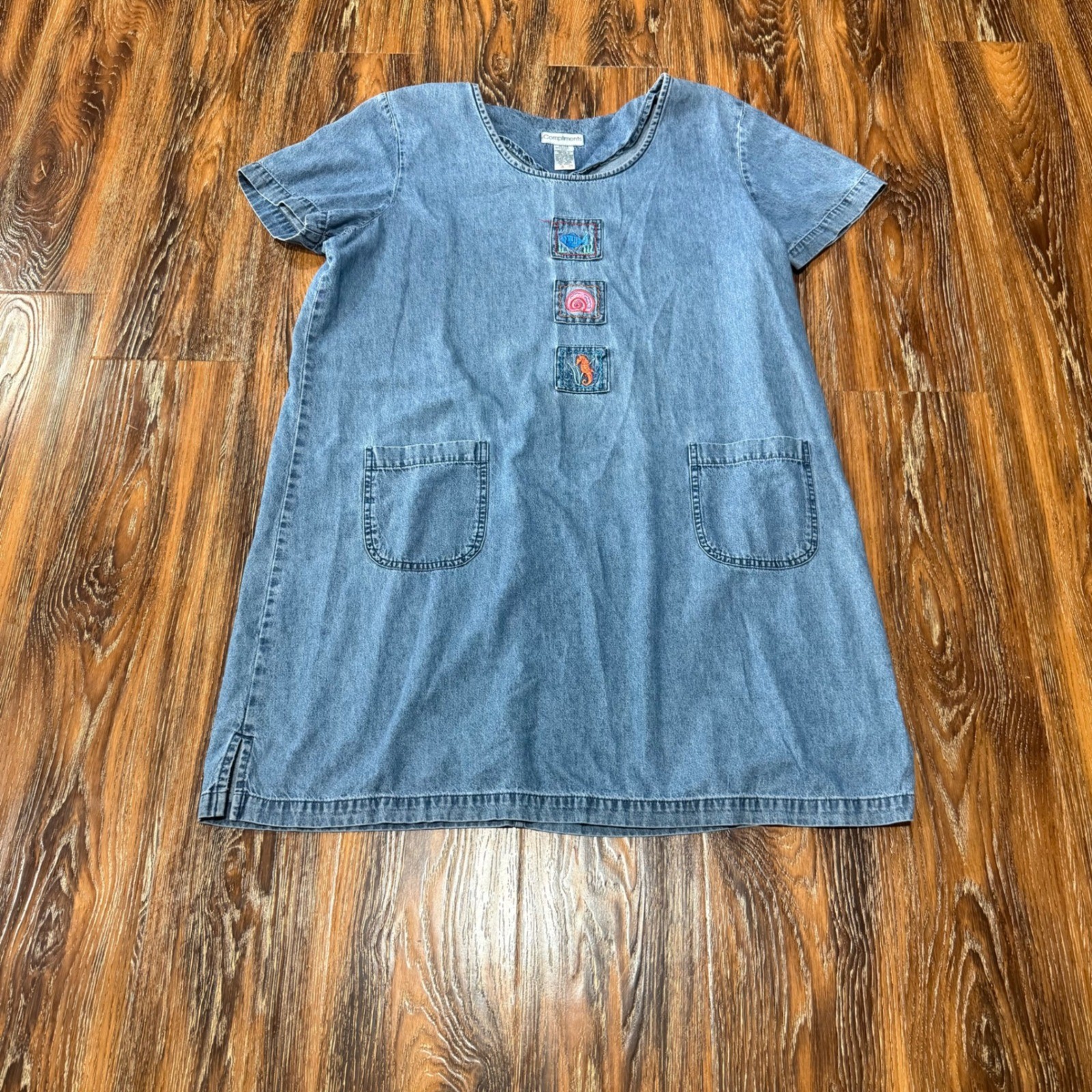 Vintage Womens XL Denim Shift Dress Blue Cotton Nautical Embroidered Sea Life