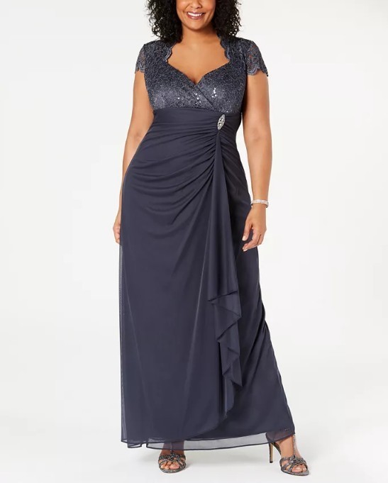 Betsy & Adam Plus Size Gown 22W Charcoal Sequined Lace Ruched NWT $169