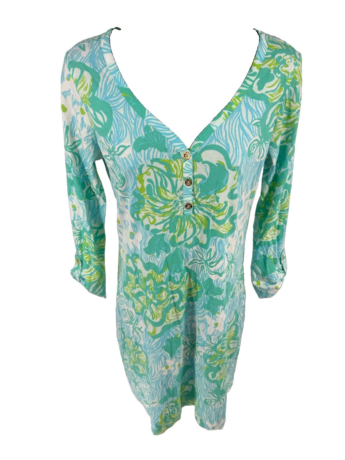 Lilly Pulitzer Palmetto Henley Dress Green Blue White Beach Resort Pima Cotton S