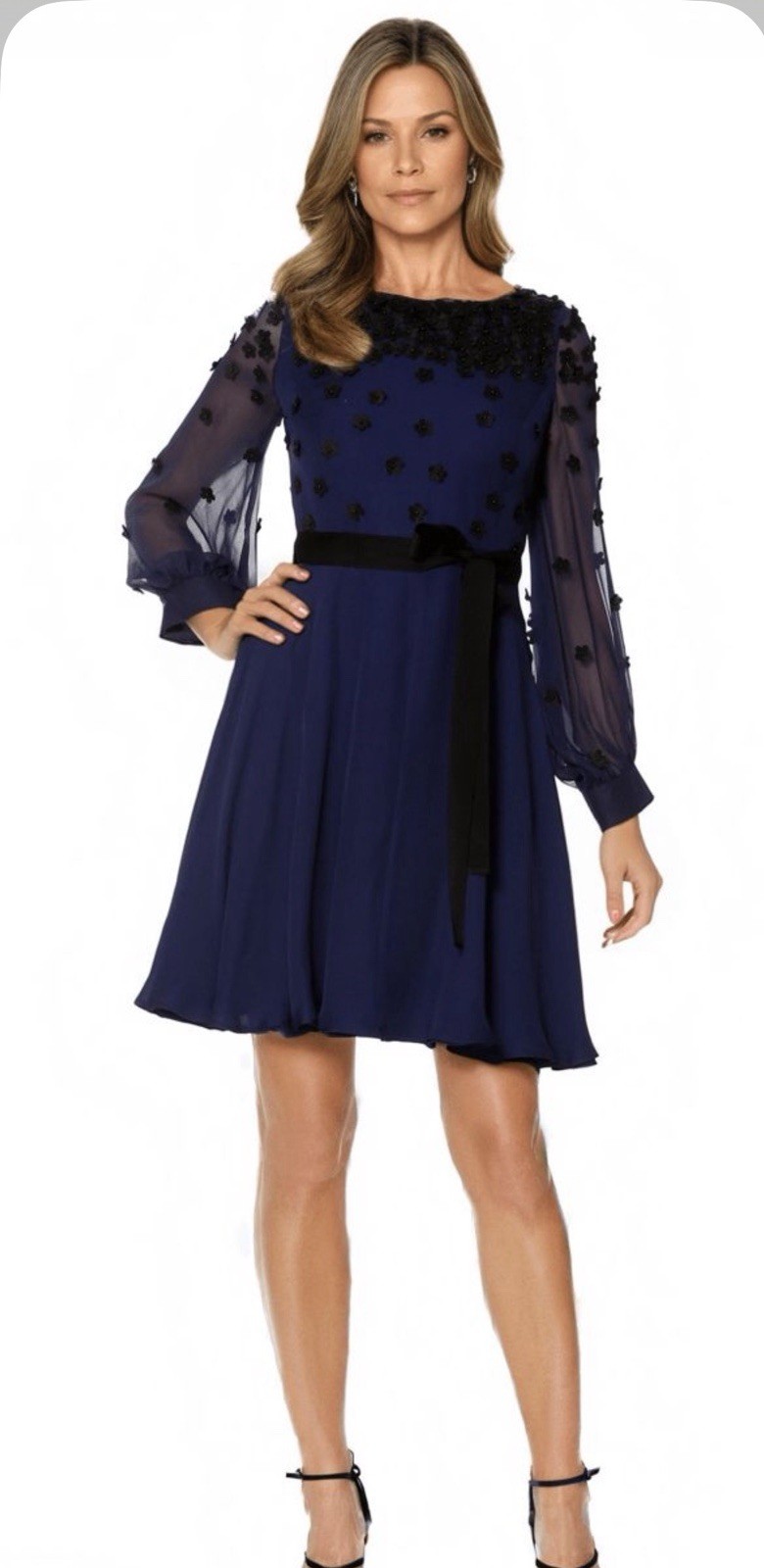 SHANI Blue/Black Floral Fit & Flare Knee Dress LS Boat Neck Bow 8 S-2234