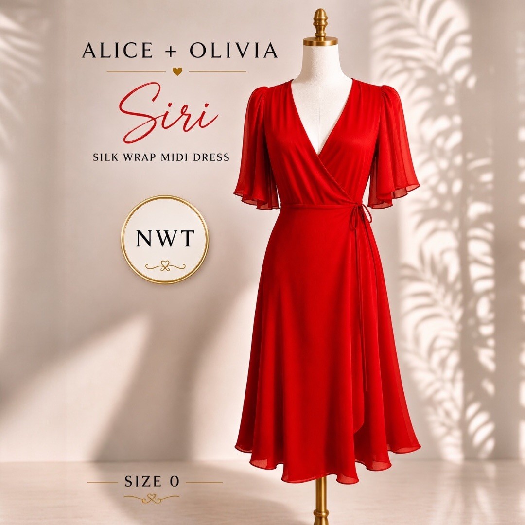 Alice + Olivia Siri Wrap Midi Dress Bright Poppy Red Size 0 Flutter Sleeve NWT