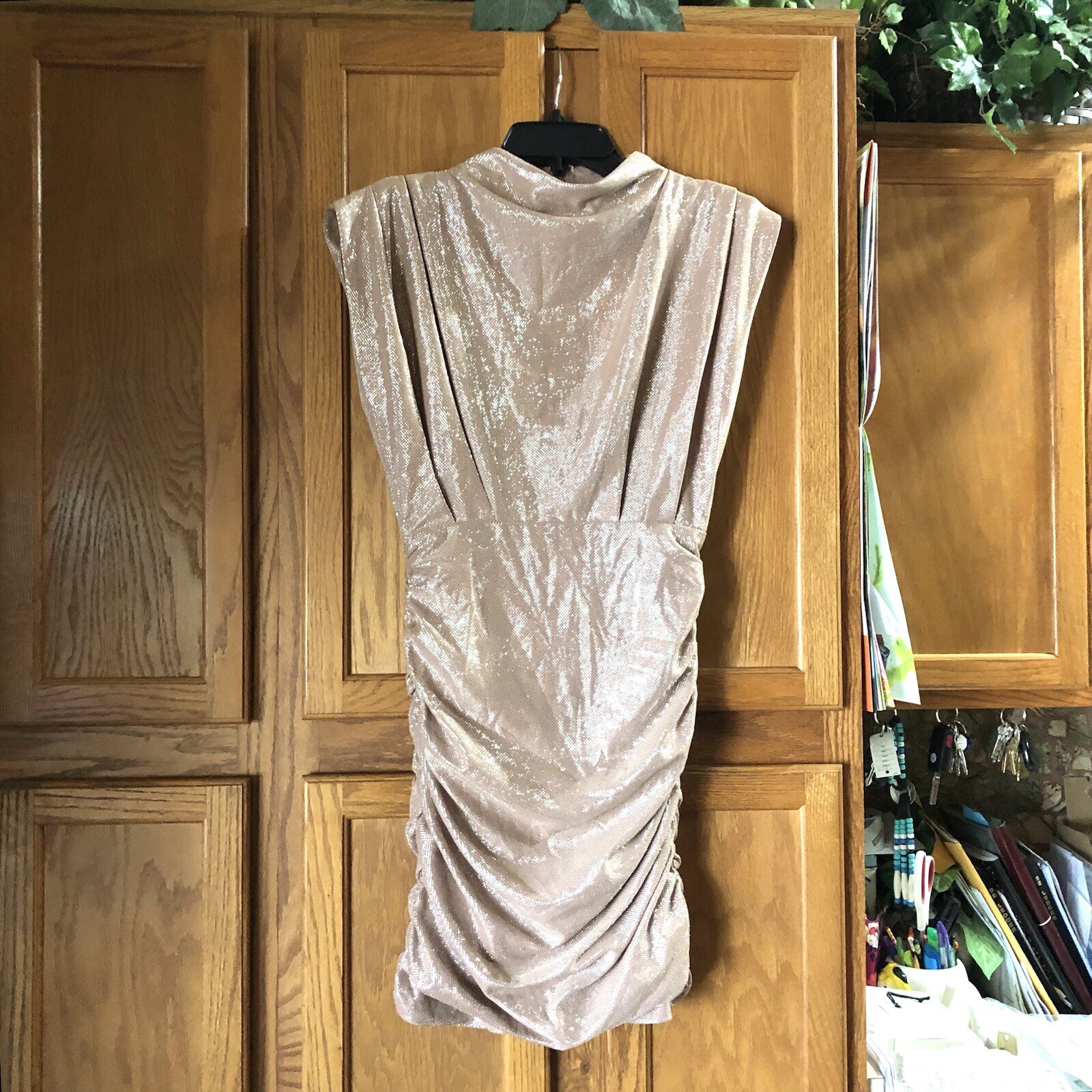 Line & Dot Women’s High Neck Ruched Sleeveless Bodycon Mini Dress Champagne XS