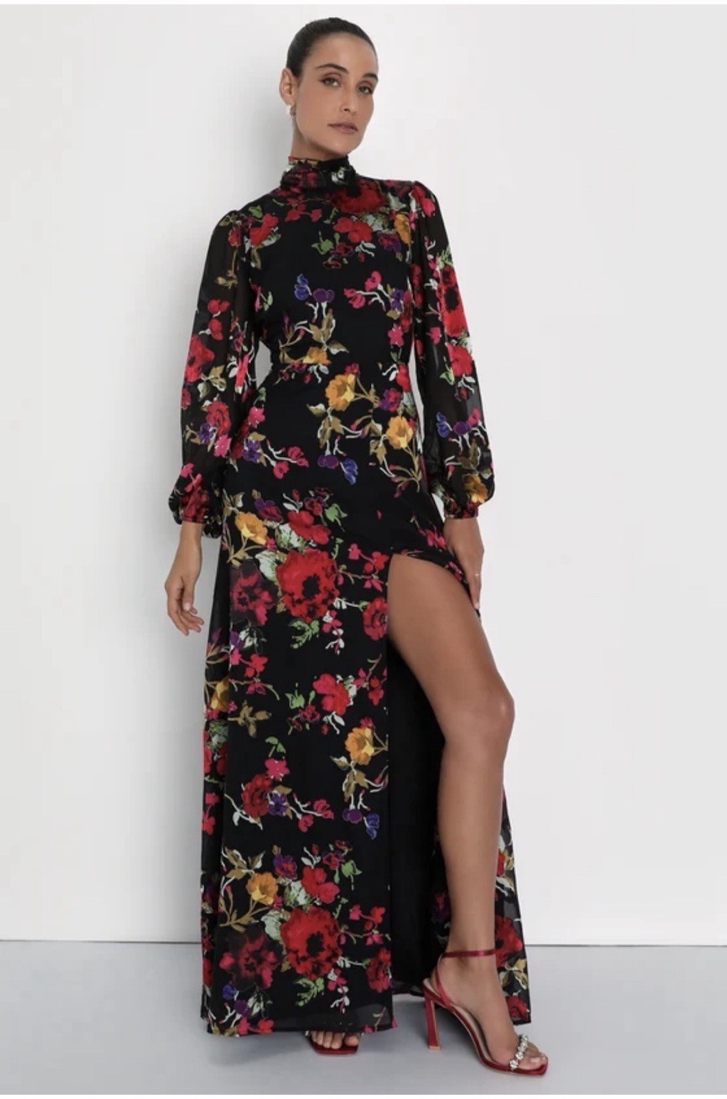 Lulus Floral Backless Maxi Dress L Mock Neck Long Sleeve Wedding Guest Formal