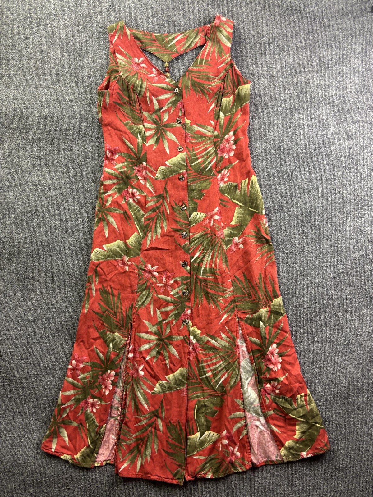 Bahama Beach Dress Womens Small Red Tropical Floral Button Front Midi Sundress
