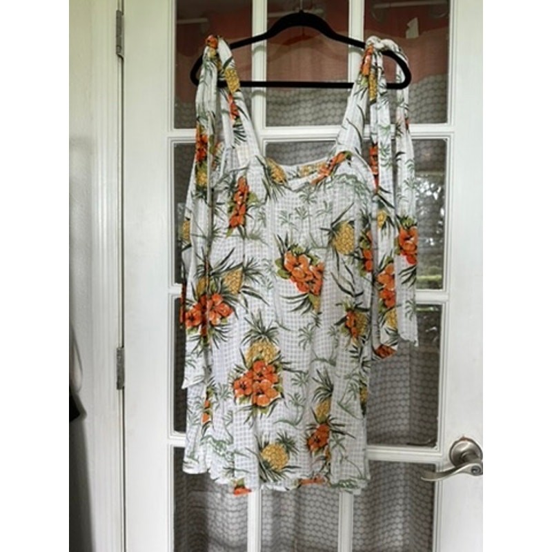 NWT ASOS tropical hibiscus and pineapple white cotton tie-strap sundress