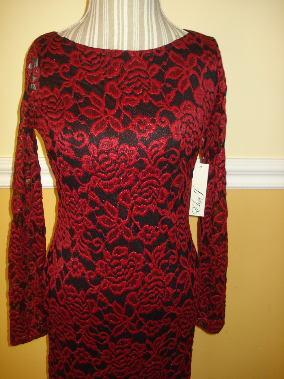 Eliza J Lace Long Sleeves Red/Black Cocktail Sheath Dress Sz 4,6,8,10,12,14,16