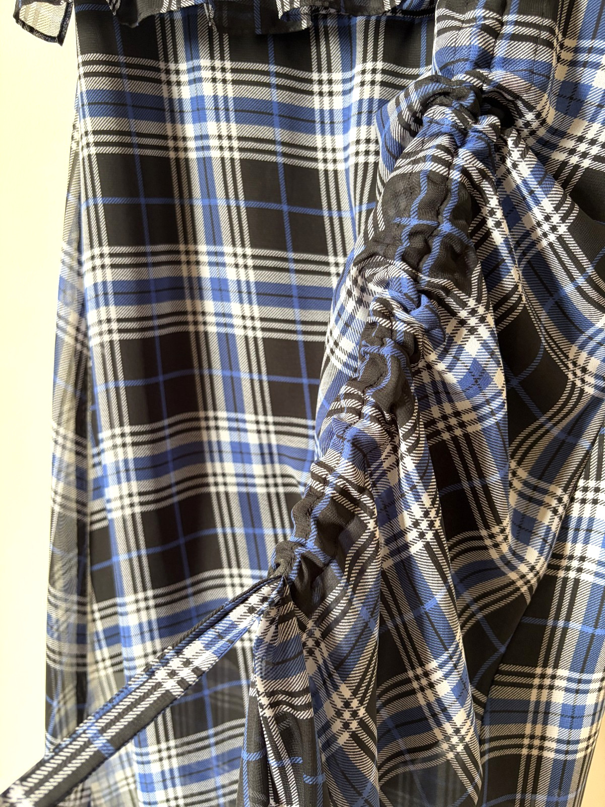 Maje Side-Ruched Plaid Tartan Blue and Navy Long Dress Ruffle UK size 10