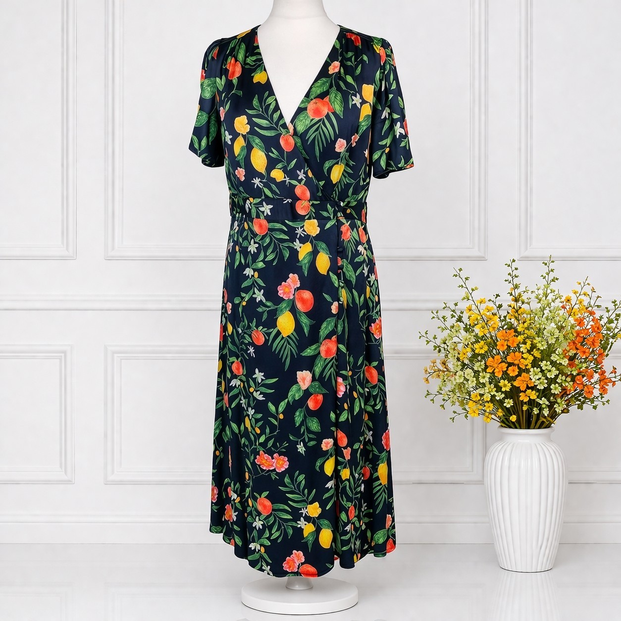 Monsoon Fruit Print Wrap Midi Dress UK 14 Navy Lemon Floral Tea Dress