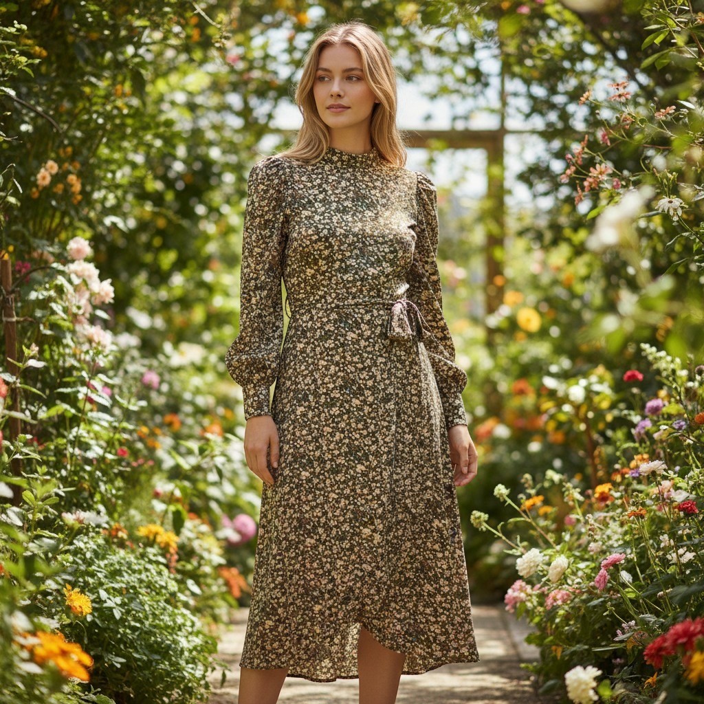 LUSH Sheath Dress Womens Medium Olive Ditsy Floral Boho Tie Waist Long Sleeve