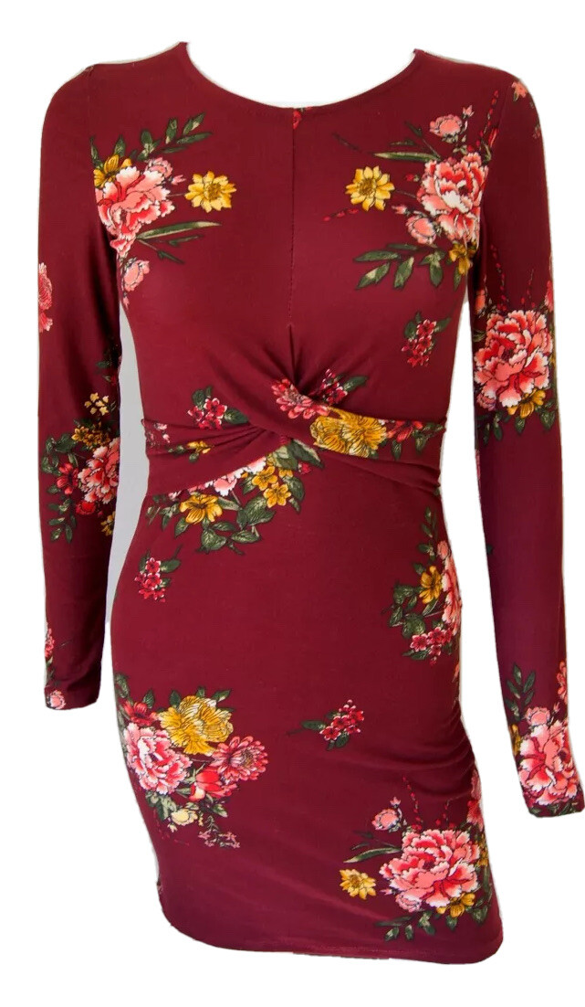 Planet Gold Dark Red Pink Floral Soft Long Sleeve Stretch Bodycon Dress JR SZ S