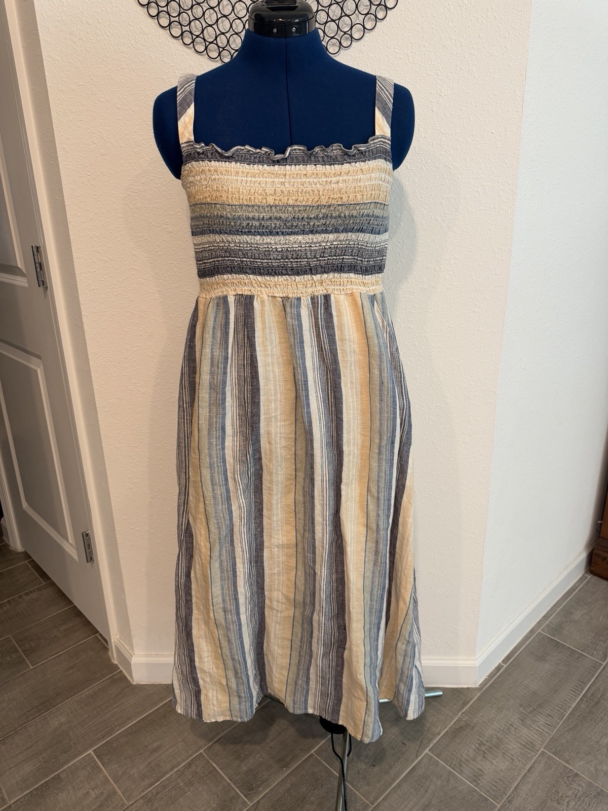 Artisan NY Women Linen Sundress Beach Coastal Boho Size XS Smocked Pockets