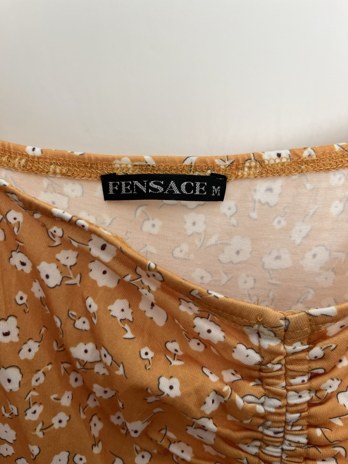 Fensace Orange White Floral Ruched Square Neck Knee A-Line Dress Womens M