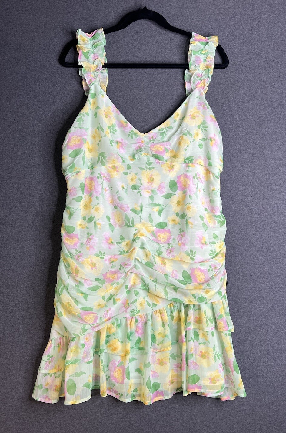 Elodie Floral Mini Chiffon Ruched Ruffle Dress Green Lined Sleeveless Women XL