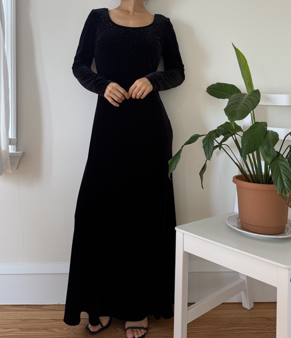 Vintage J R Nites By Caliendo Black Velvet Embellished Whimsygoth Dress Size S