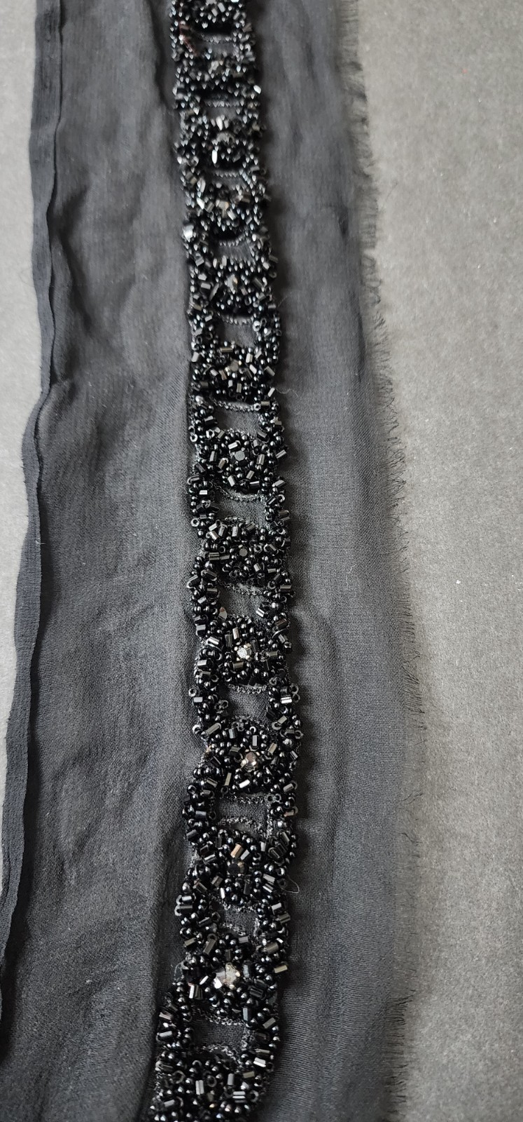 Handmade Custom Designer Black Beaded Lace Trim on Sheer Silk – 33″ Couture