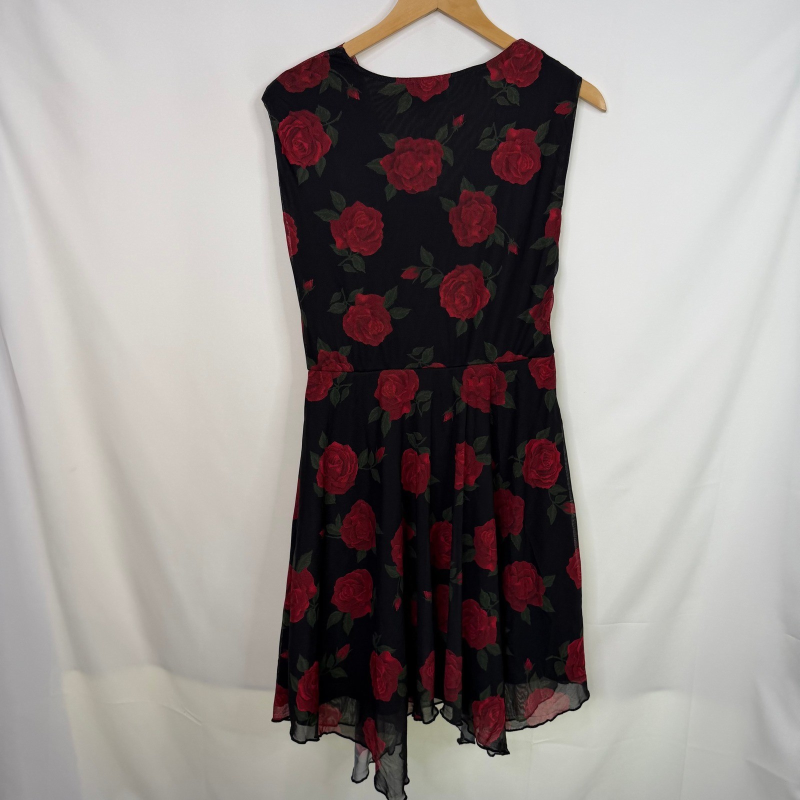 Montgomery Post Women Red Rose Floral Cowl Neck Mesh Dress Black Large NWT