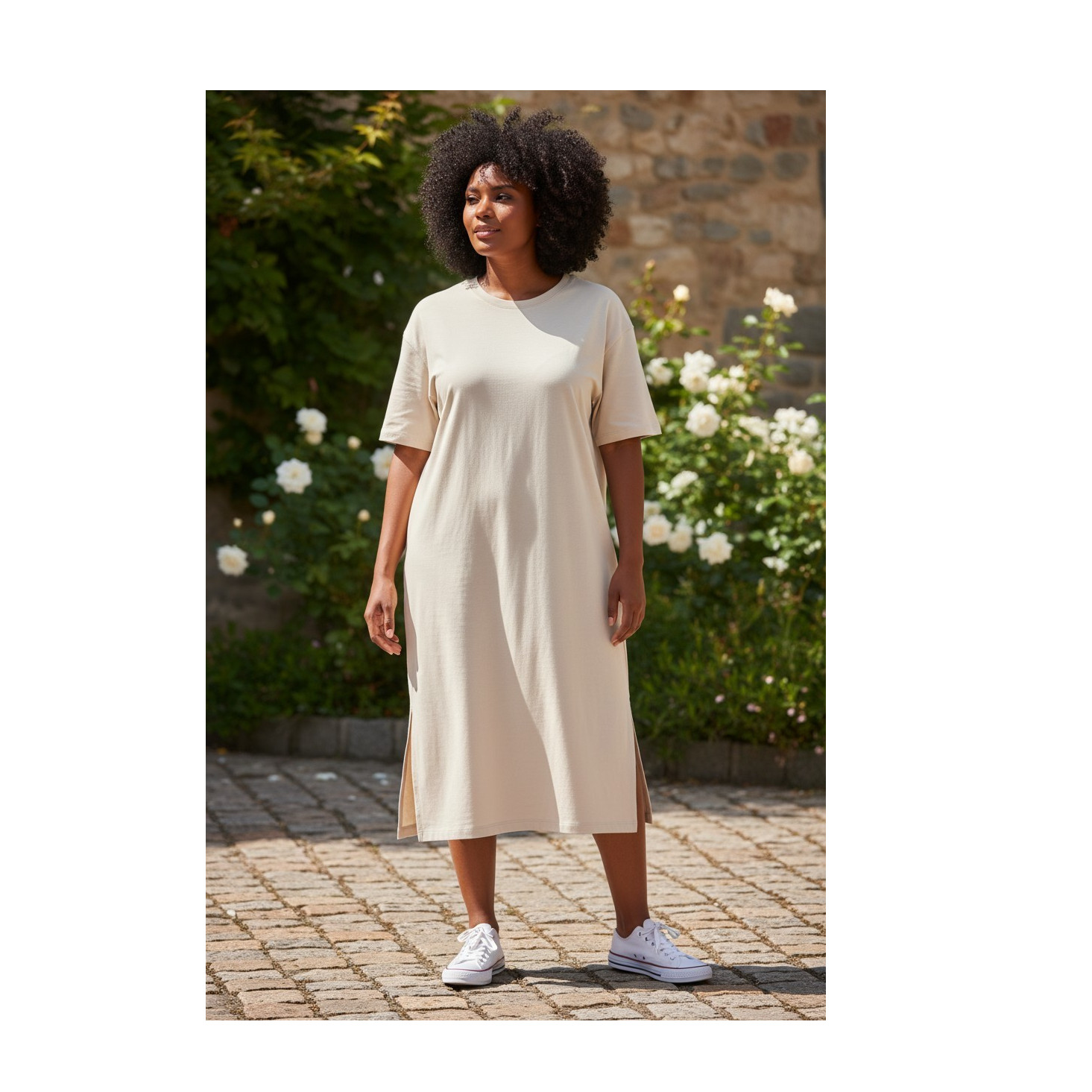 Women’s Beige Solid T-Shirt Dress Short Sleeve Crew Neck Cotton Jersey Midi 3X