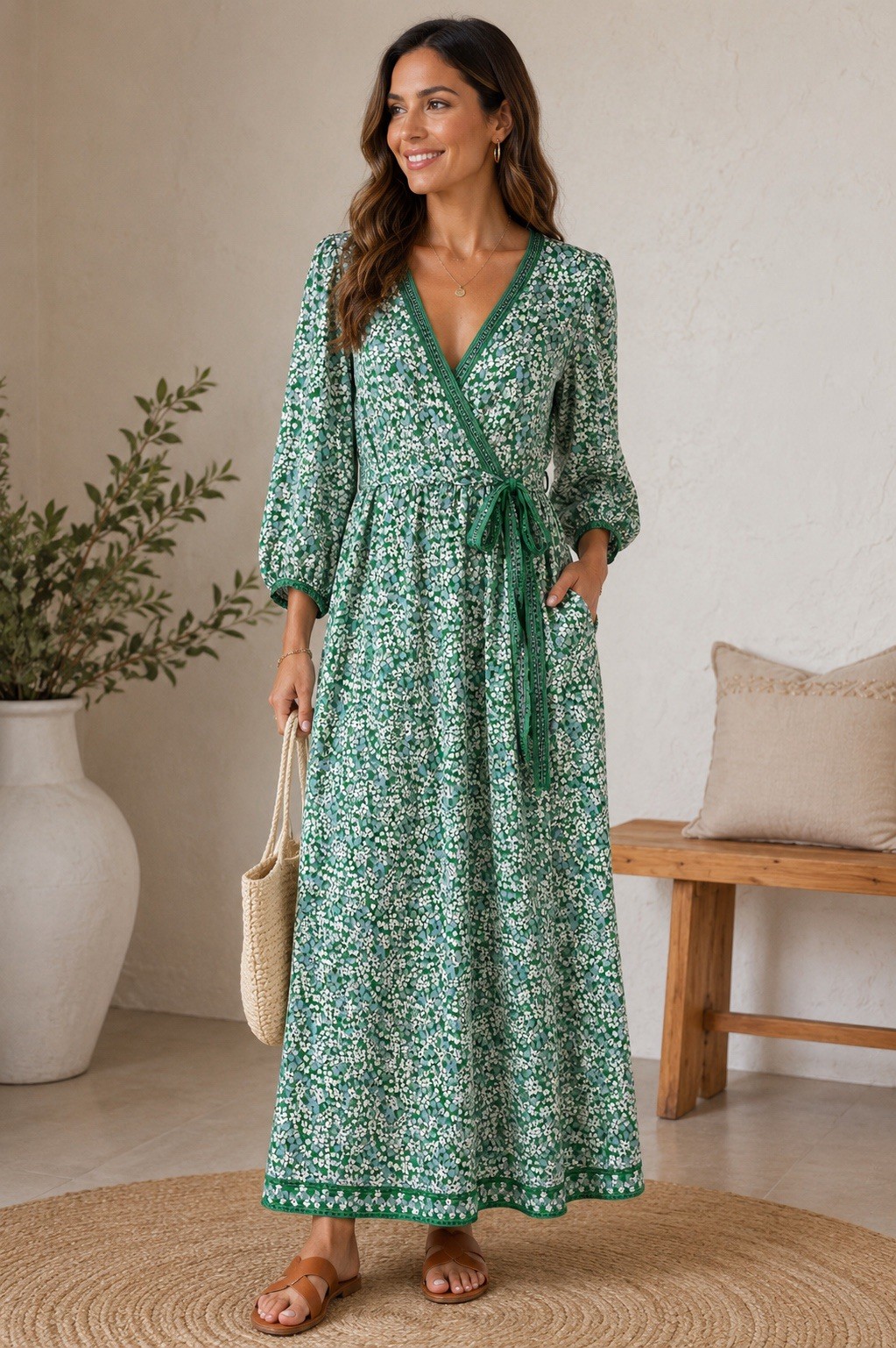Mad Studio Women’s XL Green Floral Wrap Maxi Dress Long Sleeve Boho