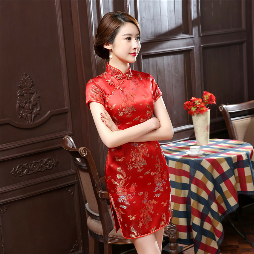 Chinese Short Cheongsam Traditional Women Silk Satin Mini Dress Party Gown S-6XL
