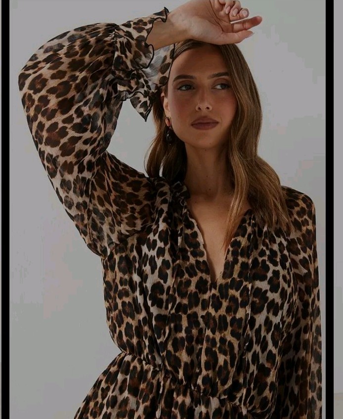 Mango Ruffle Tie Front Floaty Leopard Mini Dress Long Sleeve Brown XS RRP £56