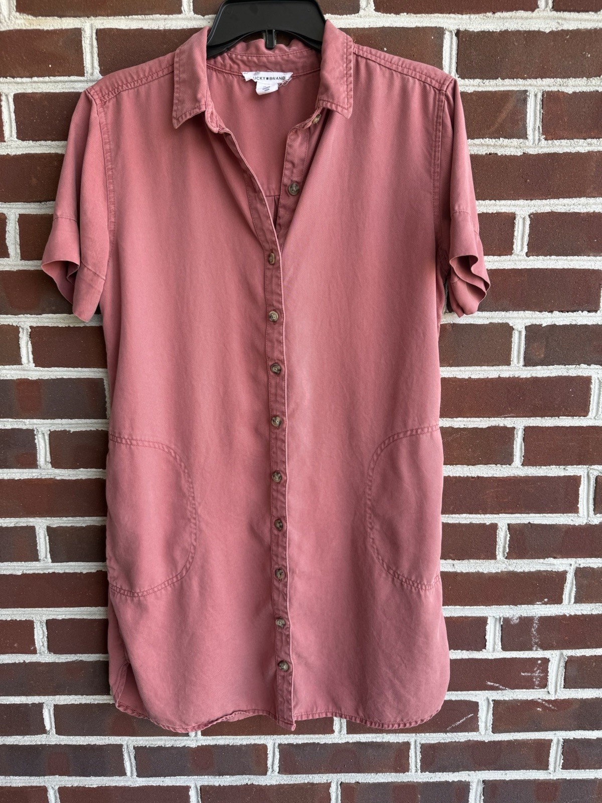Lucky Brand M Salmon Lyocell Twill Shirt Dress Short Sleeve Button Front Pockets