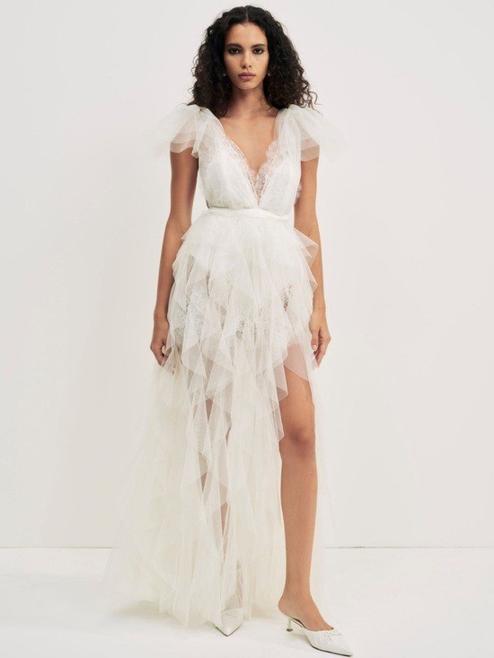 $489 NWT For Love And Lemons “Maxine” Tulle Maxi Dress in Ivory Sz XXS