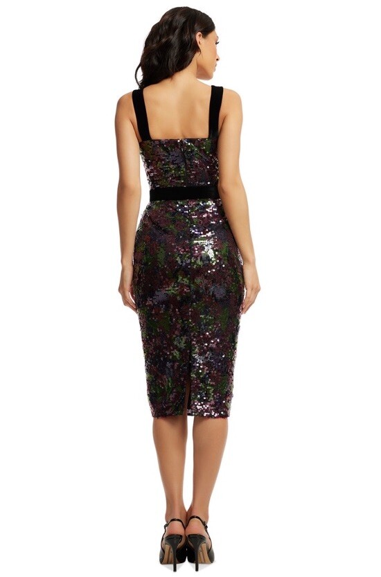 Dress the Population Nicole Sequined Deep Plum Midi Dress Pencil Belted Small S